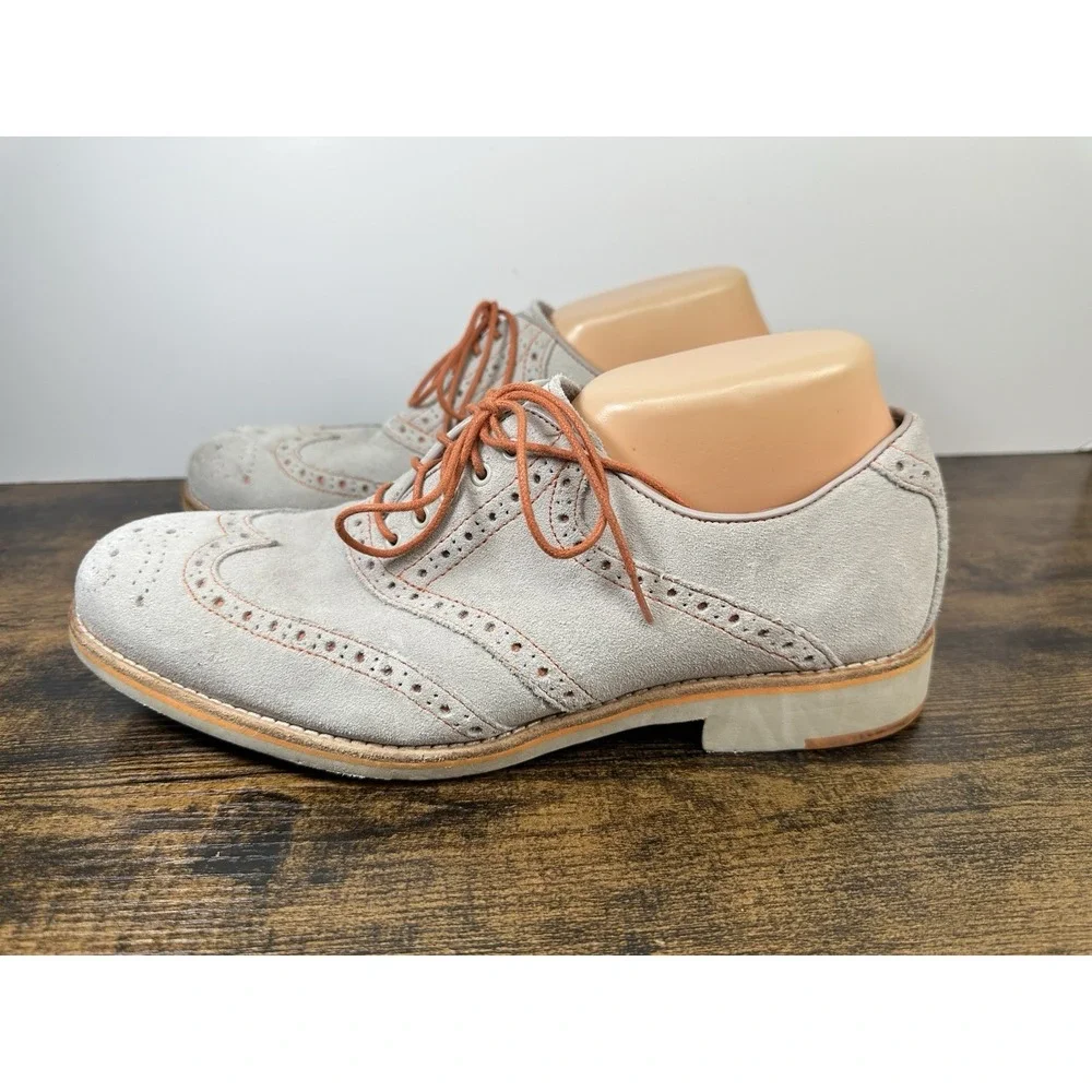 Johnston & Murphy Mens 10M Suede Wingtip Oxford Shoes Gray Sheepskin Lace Up